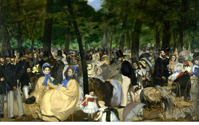 Manet, É. (1862). Música en las Tullerías. Galería Nacional, Londres. En la imagen se retrata a la «alta burguesía» disfrutando de una fiesta con música al aire libre en París, una de las actividades preciadas para esta clase. Fuente: Libro 1° medio (2026), Editorial Santillana.